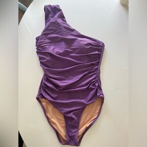 J Crew women’s one shoulder roushed one piece swimsuit in color Viola size 10
